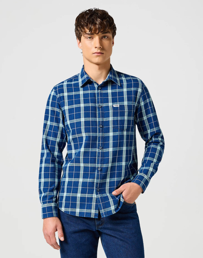 Pánská košile d.r. WRANGLER One Pocket Shirt zeleno-modrá